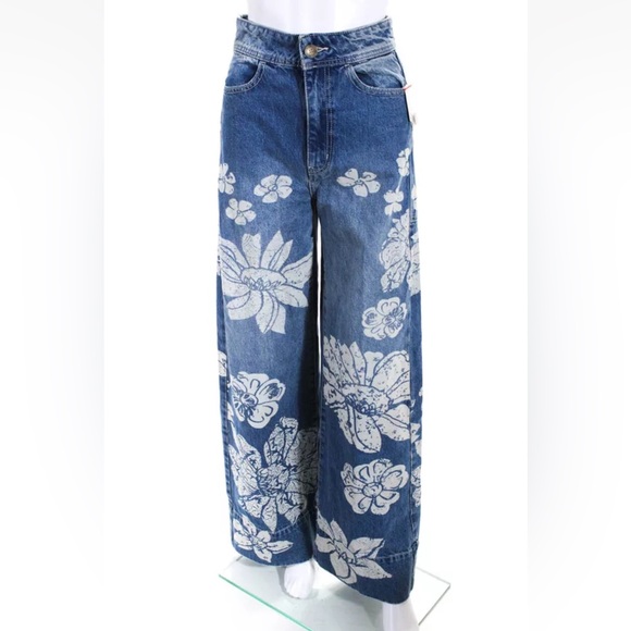 NWT Free People Blue Talia Trouser Floral Flare Denim Jeans 26 - Picture 4 of 6